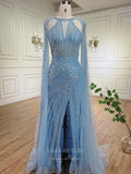 Gorgeous Beaded Mermaid Prom Dresses with Slit Cape Sleeve Pageant Dress 24503-Prom Dresses-vigocouture-Light Blue-US2-vigocouture