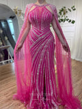 Gorgeous Beaded Mermaid Prom Dresses with Slit Cape Sleeve Pageant Dress 24503-Prom Dresses-vigocouture-Magenta-US2-vigocouture