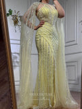 Gorgeous Beaded Mermaid Prom Dresses with Slit Cape Sleeve Pageant Dress 24503-Prom Dresses-vigocouture-Yellow-US2-vigocouture