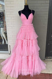 Sparkly Tulle Tiered Prom Dresses A-Line Spaghetti Strap Formal Dresses 21544-Prom Dresses-vigocouture-Pink-US2-vigocouture