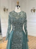 Green Beaded Lace Mermaid Prom Dresses with Removable Overskirt Long Sleeve Pageant Dress 25014-Prom Dresses-vigocouture-Green-US2-vigocouture