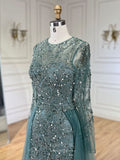 Green Beaded Lace Mermaid Prom Dresses with Removable Overskirt Long Sleeve Pageant Dress 25014-Prom Dresses-vigocouture-Green-US2-vigocouture