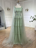 Green Beaded Pageant Dresses Extra Long Sleeve Square Neck Evening Dress 25029-Prom Dresses-vigocouture-Green-US2-vigocouture