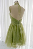 Green Halter Neck Homecoming Dresses Starry Tulle Graduation Dress hc422-Prom Dresses-vigocouture-Green-Custom Size-vigocouture