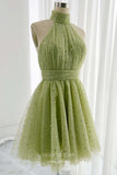 Green Halter Neck Homecoming Dresses Starry Tulle Graduation Dress hc422-Prom Dresses-vigocouture-Green-Custom Size-vigocouture