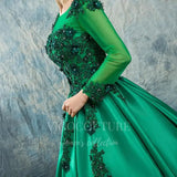 vigocouture-Green Long Sleeve Quinceañera Dresses Lace Applique Ball Gown 20435-Prom Dresses-vigocouture-