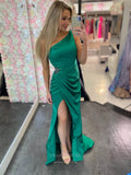 Green One Shoulder Pleated Satin Prom Dresses with Slit Mermaid Evening Dress 24106-Prom Dresses-vigocouture-Green-Custom Size-vigocouture