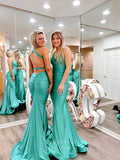 Green Satin Mermaid Cheap Prom Dresses Ruched Hips V-Neck 24067-Prom Dresses-vigocouture-Green-Custom Size-A-vigocouture