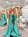 Green Satin Mermaid Cheap Prom Dresses Ruched Hips V-Neck 24067-Prom Dresses-vigocouture-Green-Custom Size-A-vigocouture