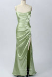 Green Satin Mermaid Cowl Neck Prom Dresses with High Slit Spaghetti Strap 24455-Prom Dresses-vigocouture-Green-Custom Size-vigocouture