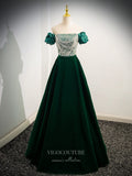Green Sequin Lace Velvet Prom Dresses Puffed Sleeve Pearl String 24377-Prom Dresses-vigocouture-Green-Custom Size-vigocouture