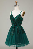 Green Sparkly Lace Applique Homecoming Dress A Line Spaghetti Strap Back to School Dress hc362-Prom Dresses-vigocouture-Green-Custom Size-vigocouture