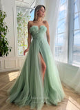 Green Strapless Prom Dresses with Slit Floral Formal Gown with Pockets 24499