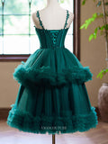 Green Tiered Tulle Homecoming Dress Spaghetti Strap Short Prom Dress hc340-Prom Dresses-vigocouture-Green-Custom Size-vigocouture