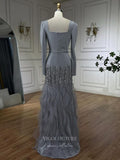 Grey Beaded Long Sleeve Prom Dresses Beaded Ruffle Mother of the Bride Dress 24507-Prom Dresses-vigocouture-Grey-US2-vigocouture