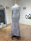 Grey Beaded Long Sleeve Prom Dresses Beaded Ruffle Mother of the Bride Dress 24507-Prom Dresses-vigocouture-Grey-US2-vigocouture