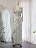 Grey Beaded Sheath Prom Dresses Long Sleeve Pageant Dress 24452