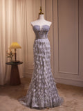 Grey Feather Mermaid Prom Dresses Strapless Sheer Beaded Bodice 24246-Prom Dresses-vigocouture-Grey-Custom Size-vigocouture