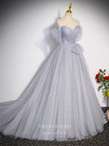Grey Sparkly Tulle Prom Dresses Off the Shoulder Bow Evening Gown 24416-Prom Dresses-vigocouture-Grey-Custom Size-vigocouture