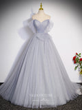 Grey Sparkly Tulle Prom Dresses Off the Shoulder Bow Evening Gown 24416