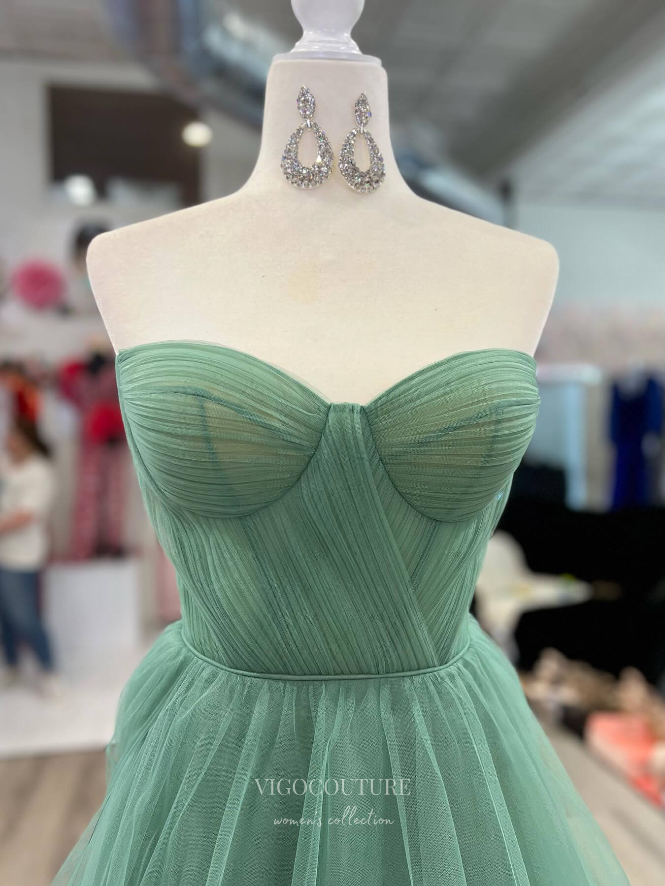 Greyish Green 3D Flower Strapless Prom Dresses Pleated Bodice 24176-Prom Dresses-vigocouture-Green-Custom Size-vigocouture