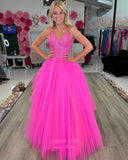 Hot Pink Lace Applique Cheap Prom Dresses Pleated Tulle Spaghetti Strap 24340-Prom Dresses-vigocouture-Hot Pink-Custom Size-vigocouture