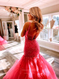 Hot Pink Lace Applique Mermaid Prom Dresses Spaghetti Strap Corset Back 24081-Prom Dresses-vigocouture-Hot Pink-Custom Size-vigocouture