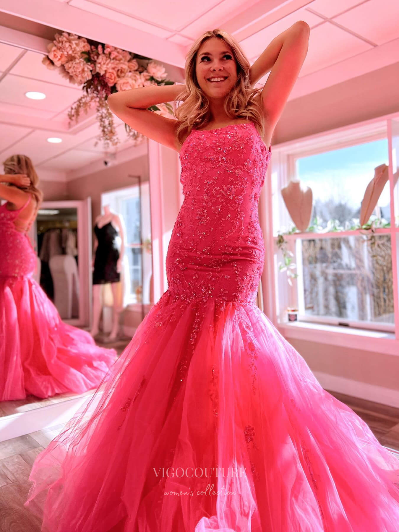 Hot Pink Lace Applique Mermaid Prom Dresses Spaghetti Strap Corset