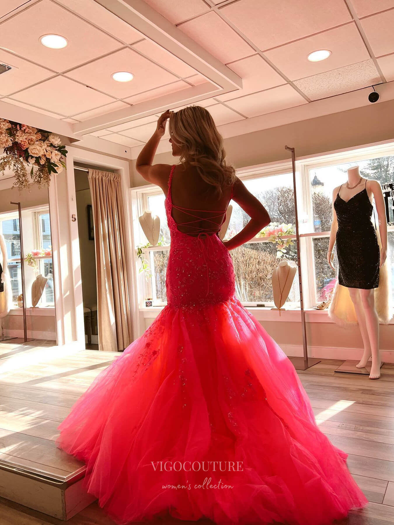 Hot Pink Lace Applique Mermaid Prom Dresses Spaghetti Strap Corset Bac –  vigocouture