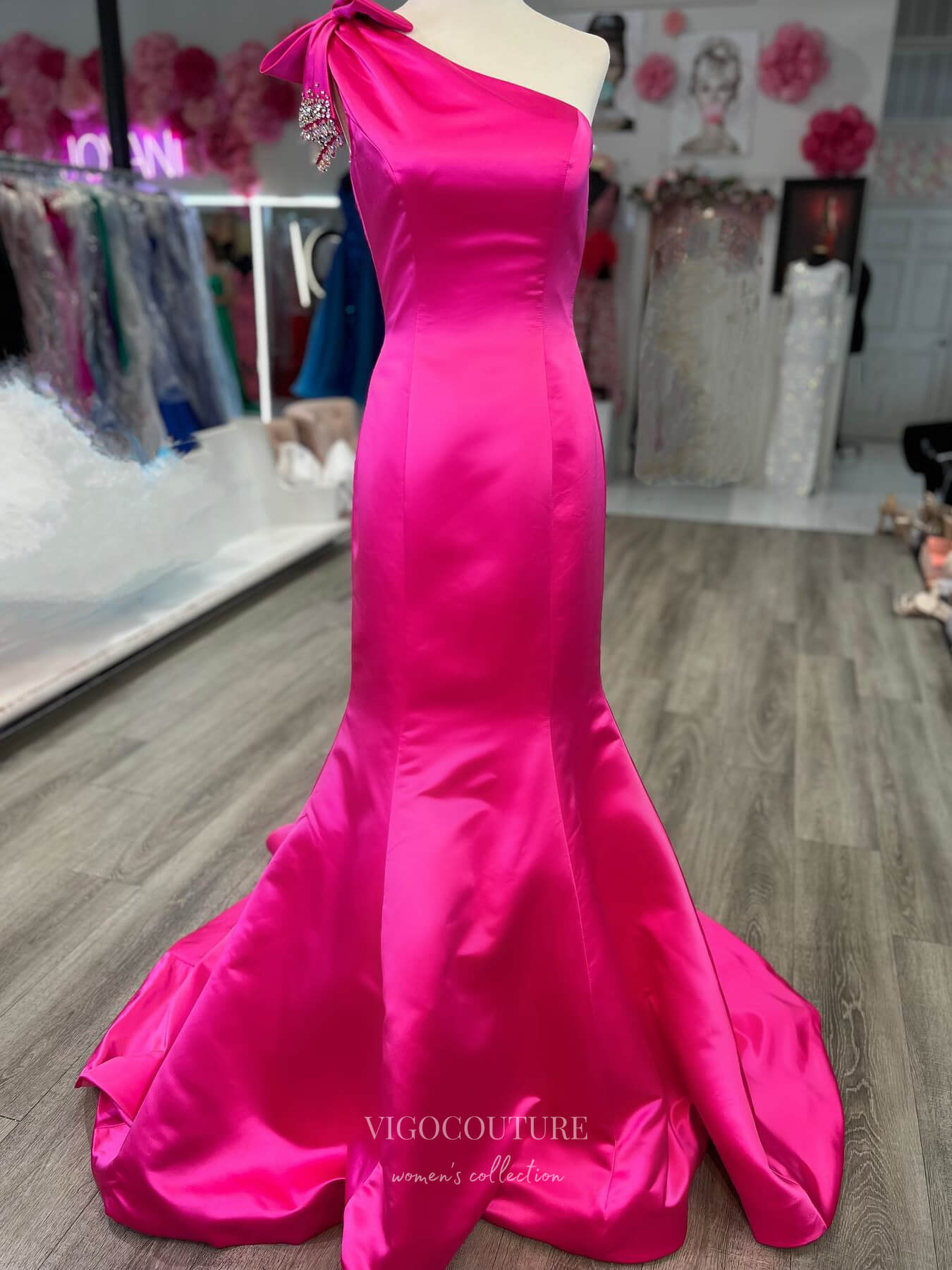 Hot Pink One Shoulder Mermaid Prom Dresses Satin Beaded Bow 24166-Prom Dresses-vigocouture-Hot Pink-Custom Size-vigocouture