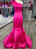 Hot Pink One Shoulder Mermaid Prom Dresses Satin Beaded Bow 24166-Prom Dresses-vigocouture-Hot Pink-Custom Size-vigocouture