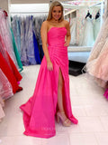 Hot Pink Pleated Bodice Prom Dresses with Slit Satin Mermaid Formal Dress 24107-Prom Dresses-vigocouture-Hot Pink-Custom Size-vigocouture