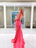 Hot Pink Pleated Satin Mermaid Prom Dresses with Slit Beaded Wide Strap 24078-Prom Dresses-vigocouture-Hot Pink-Custom Size-vigocouture
