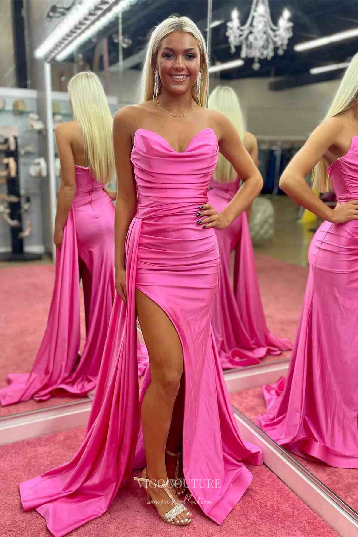 Hot Pink Pleated Satin Mermaid Prom Dresses with Slit Overskirt 24224-Prom Dresses-vigocouture-Hot Pink-Custom Size-vigocouture