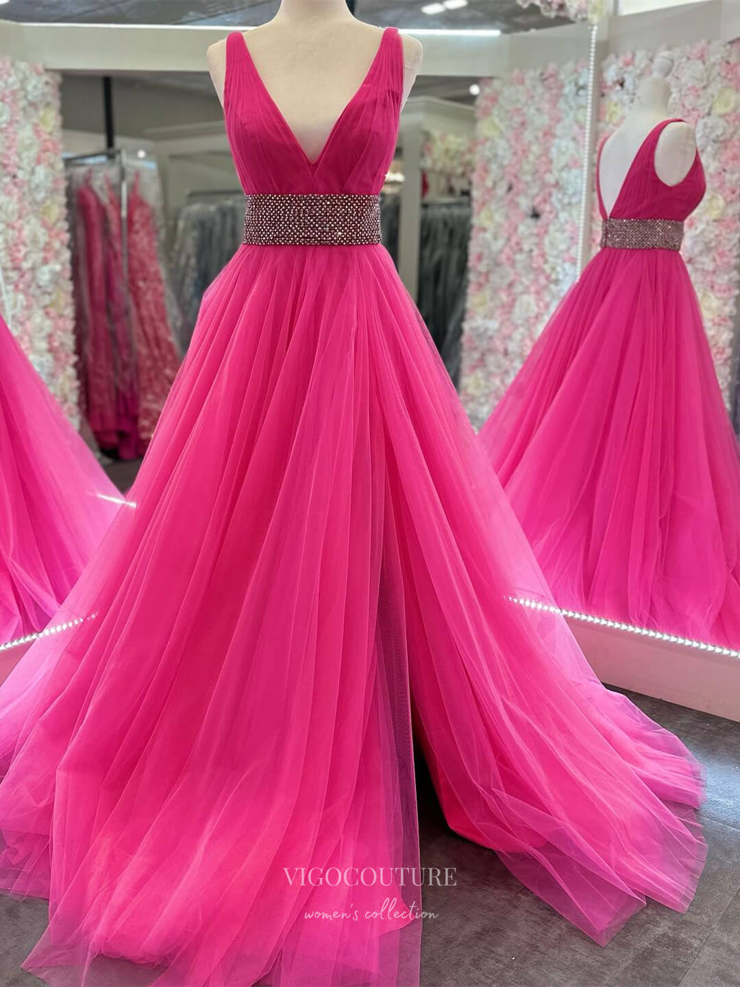Hot Pink Plunging V-Neck Cheap Prom Dresses 2024 with Slit Beaded Waist 24231-Prom Dresses-vigocouture-Hot Pink-Custom Size-vigocouture