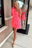 Hot Pink Ruffle One Shoulder Homecoming Dresses Ruched Bodycon Dress hc431-Prom Dresses-vigocouture-Hot Pink-Custom Size-vigocouture