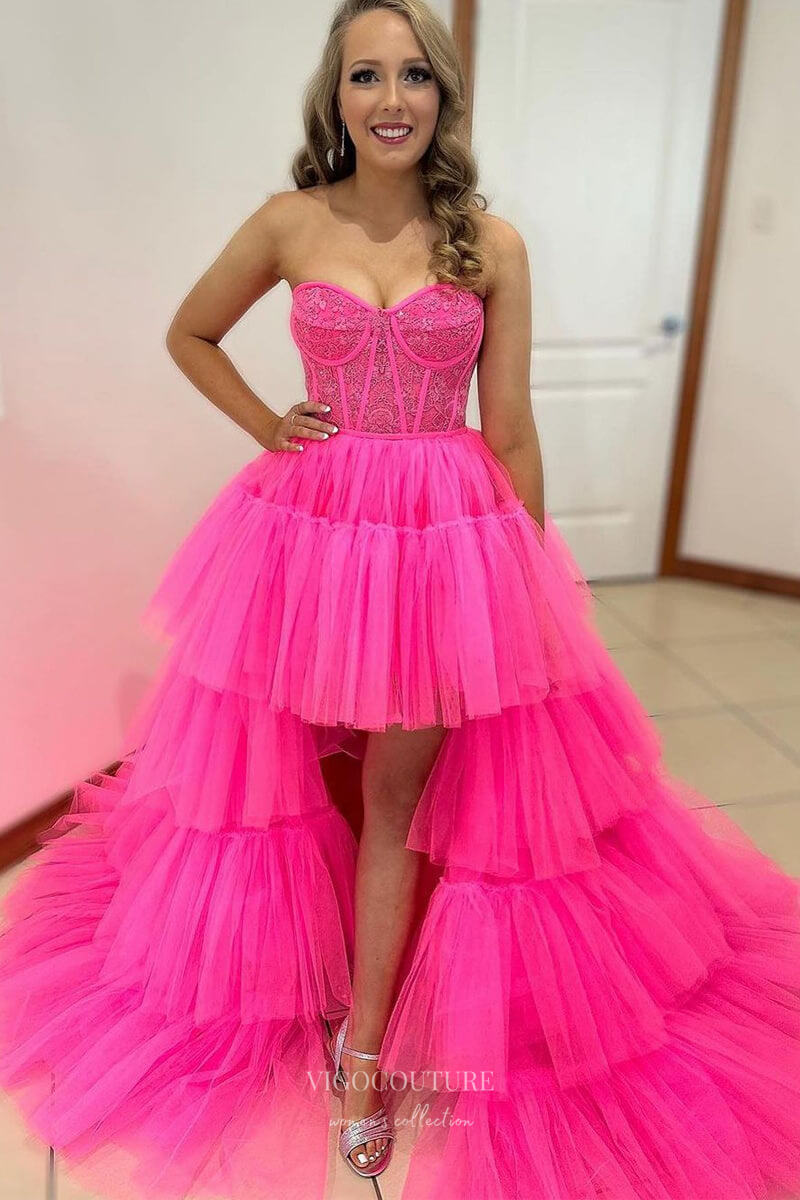 Hot Pink Ruffled High-Low Prom Dresses Lace Applique Strapless Evening Gown 24113-Prom Dresses-vigocouture-Hot Pink-Custom Size-vigocouture