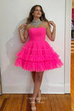 Hot Pink Ruffled Tiered Homecoming Dresses Strapless Back to School Dress hc425-Prom Dresses-vigocouture-Hot Pink-Custom Size-vigocouture