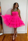 Hot Pink Ruffled Tiered Homecoming Dresses Strapless Back to School Dress hc425-Prom Dresses-vigocouture-Hot Pink-Custom Size-vigocouture