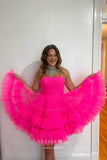 Hot Pink Ruffled Tiered Homecoming Dresses Strapless Back to School Dress hc425-Prom Dresses-vigocouture-Hot Pink-Custom Size-vigocouture