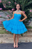 Hot Pink Ruffled Tiered Homecoming Dresses Strapless Back to School Dress hc425-Prom Dresses-vigocouture-Blue-Custom Size-vigocouture