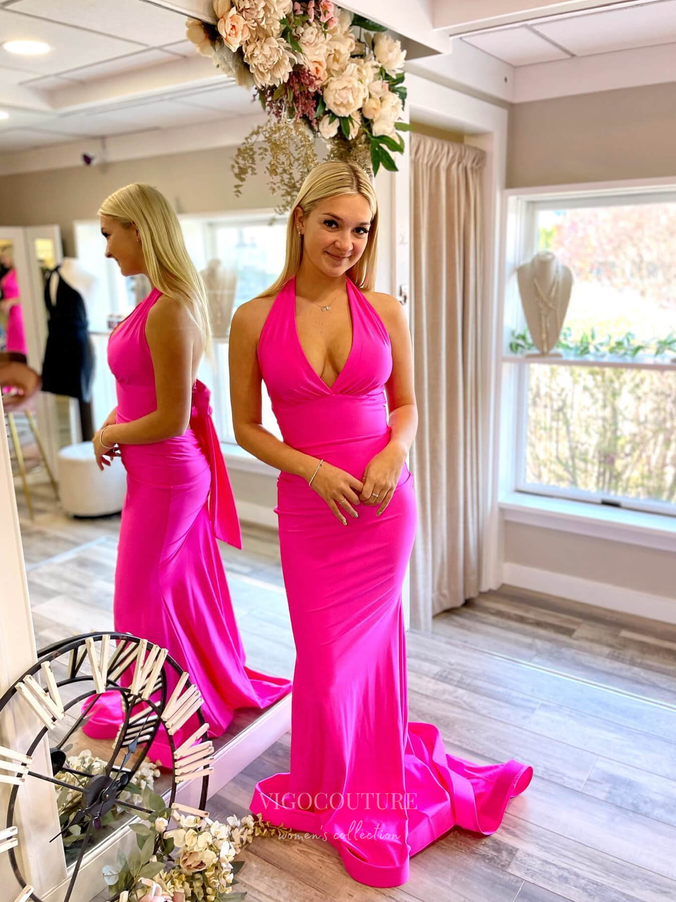 Hot Pin Satin Mermaid Cheap Prom Dresses Bow-Tie Halter Neck 24074-Prom Dresses-vigocouture-Hot Pink-Custom Size-vigocouture