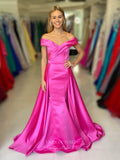 Hot Pink Satin Mermaid Cheap Prom Dresses Overskirt Crossed Off the Shoulder 24137-Prom Dresses-vigocouture-Hot Pink-Custom Size-vigocouture