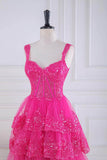 Hot Pink Sequin Lace Tiered Prom Dresses Sheer Boned Bodice 24303-Prom Dresses-vigocouture-Hot Pink-Custom Size-vigocouture