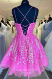 Hot Pink Sequin Spaghetti Strap Homecoming Dresses Sparkly Graduation Dress hc427-Prom Dresses-vigocouture-Hot Pink-Custom Size-vigocouture