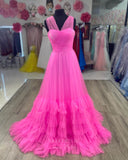 Hot Pink Tiered Cheap Prom Dresses 2024 Crossed Pleated Bodice 24257-Prom Dresses-vigocouture-Hot Pink-Custom Size-vigocouture