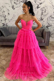 Hot Pink Tiered Ruffled Prom Dresses Strapless Pleated Bodice Formal Gown 24371-Prom Dresses-vigocouture-Hot Pink-Custom Size-vigocouture