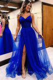 Hot Pink Tulle Prom Dresses with Slit Spaghetti Strap Boned Bodice 24205-Prom Dresses-vigocouture-Blue-Custom Size-vigocouture