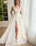 Ivory 3D Floral Prom Dresses with Pockets Spaghetti Strap Flower Gown with Slit 24486