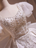 Ivory Beaded Lace Bow-Tie Homecoming Dress Puffed Sleeve Short Prom Dress hc303-Prom Dresses-vigocouture-Ivory-Custom Size-vigocouture